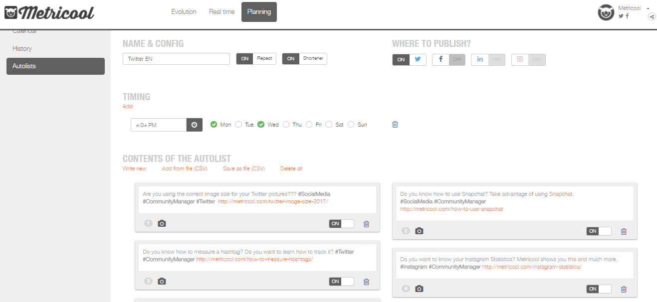 Metricool Autolists