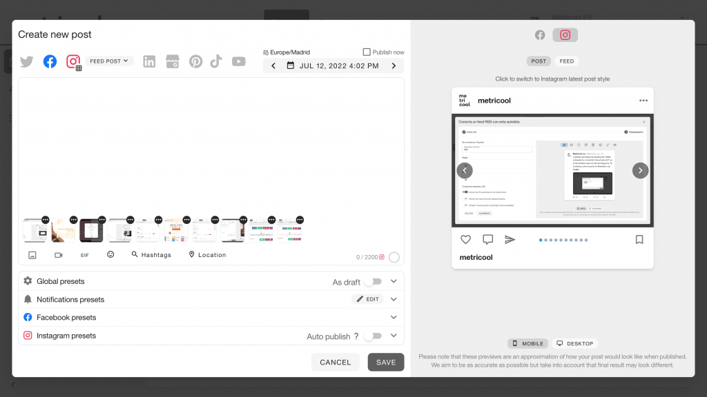 schedule up to 10 images with metricool