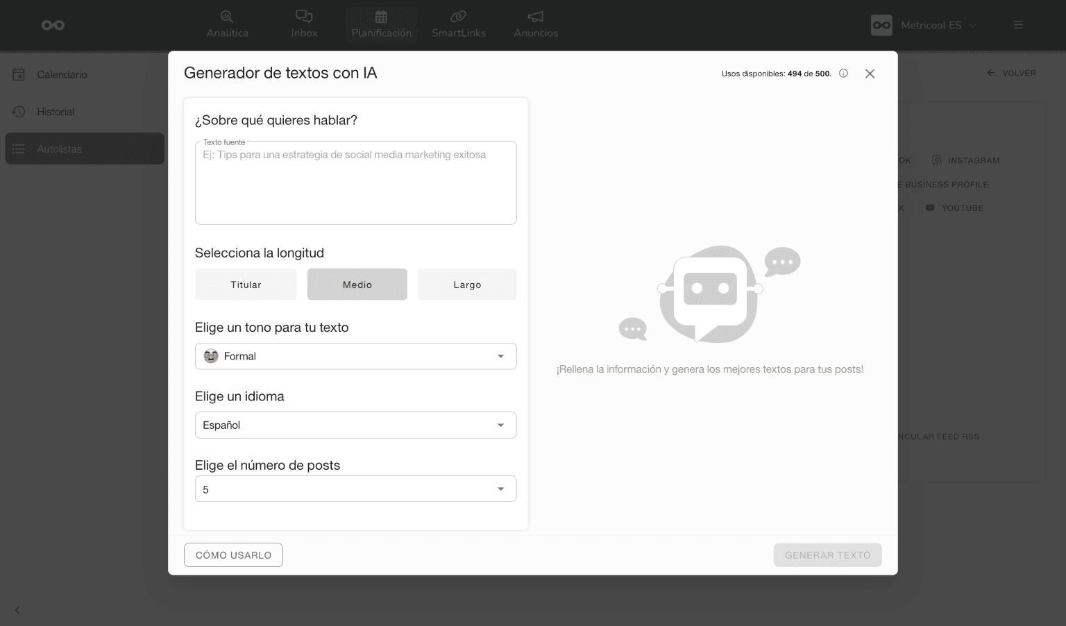 Crear textos con inteligencia artificial con Metricool