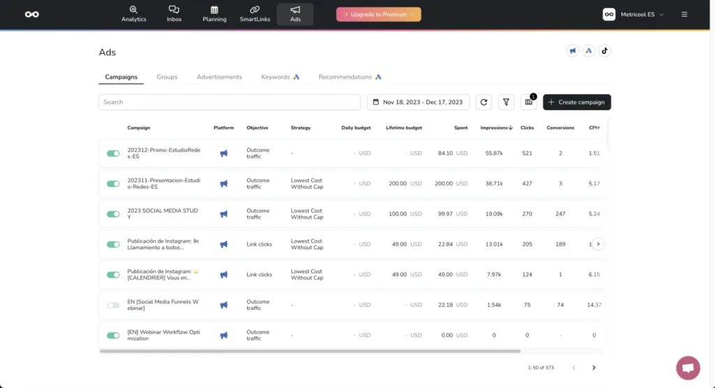 Ads Campaigns on Metricool