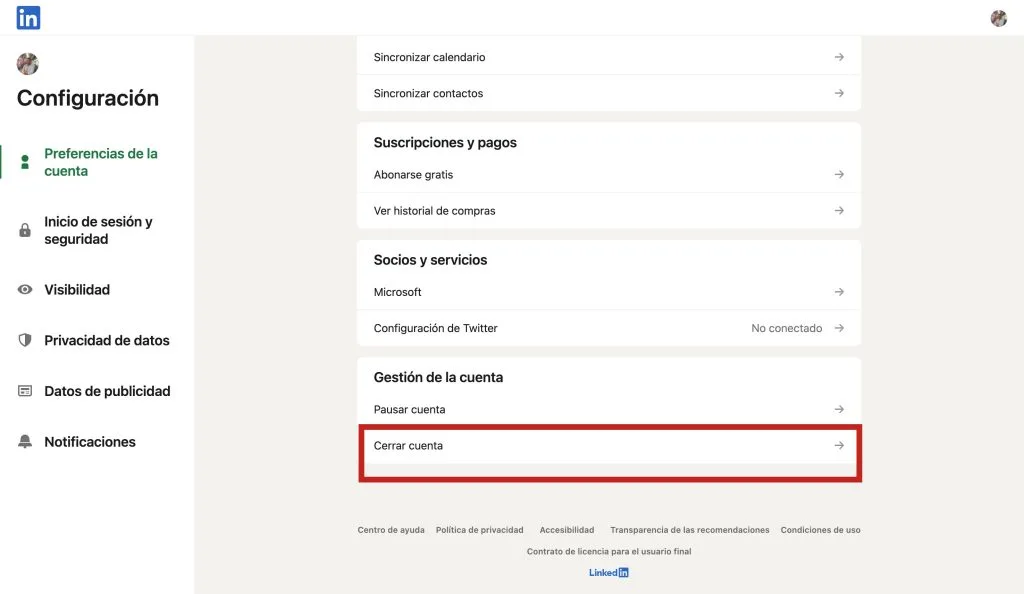 cómo eliminar cuenta de linkedin