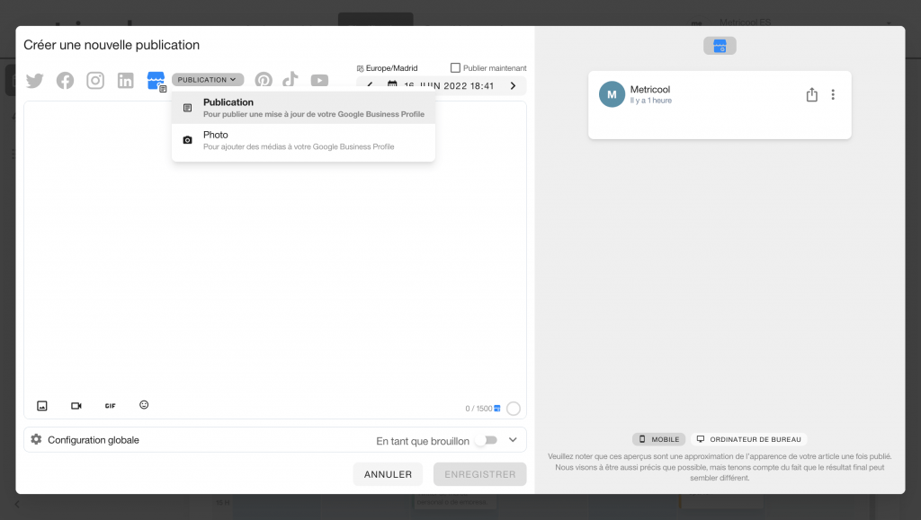 programmer publications Google My Business avec metricool