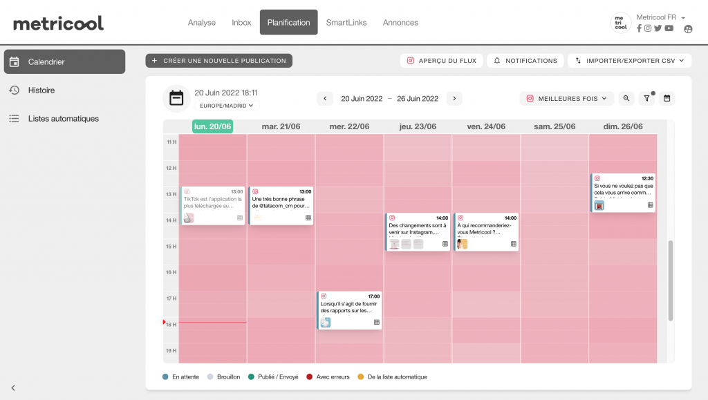 Gestion des réseaux sociaux calendrier metricool