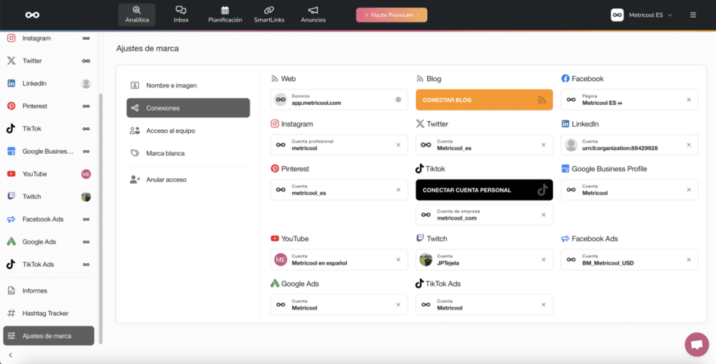 Conectar cuentas de redes sociales a Metricool