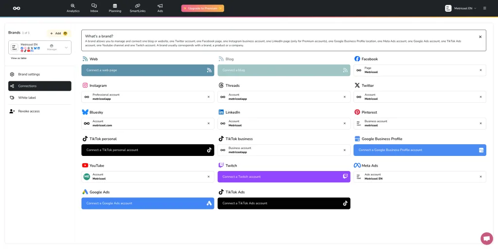 Metricool dashboard connections page