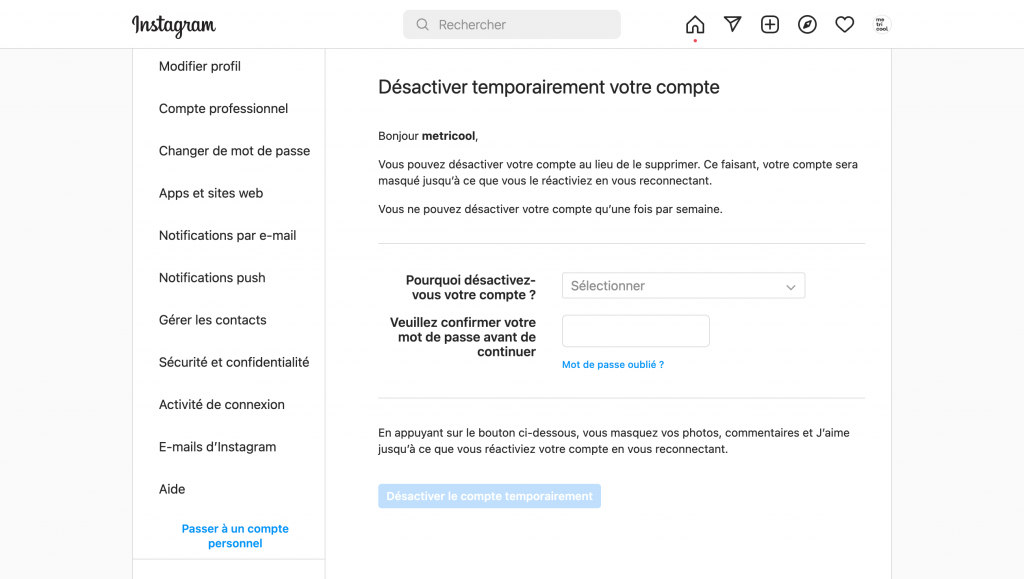 deactiver temporairement instagram