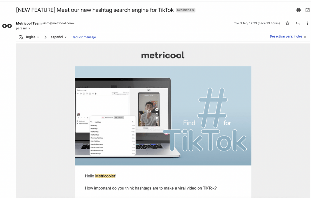 email marketing example metricool