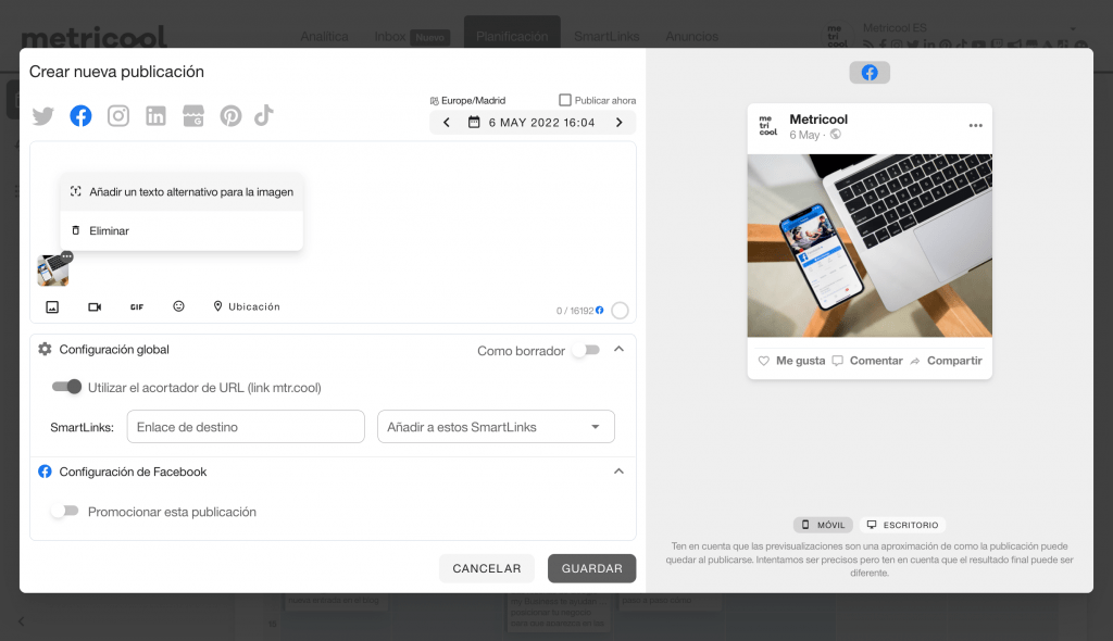 programar en facebook con texto alt