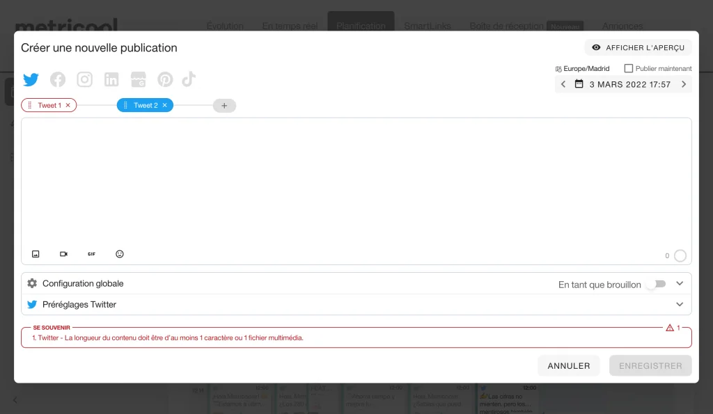 Outils de programmation de Twitter metricool