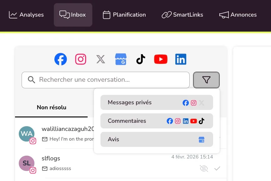 Inbox Metricool pour commentaires facebook