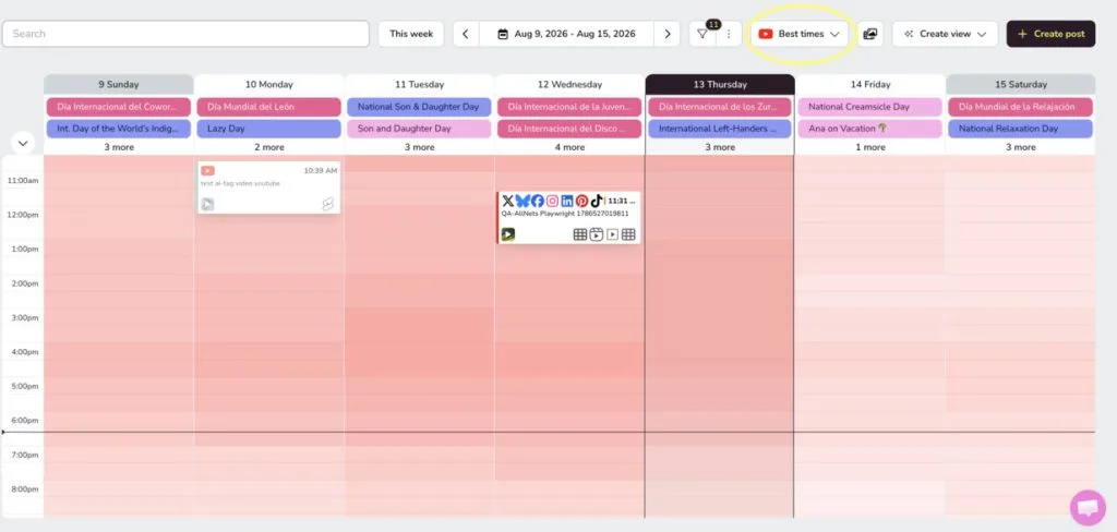 Find best times to post on YouTube via Metricool calendar
