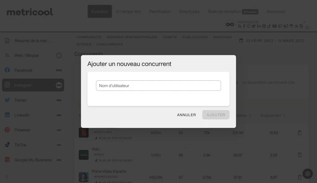 Analyse Instagram concurrent avec metricool