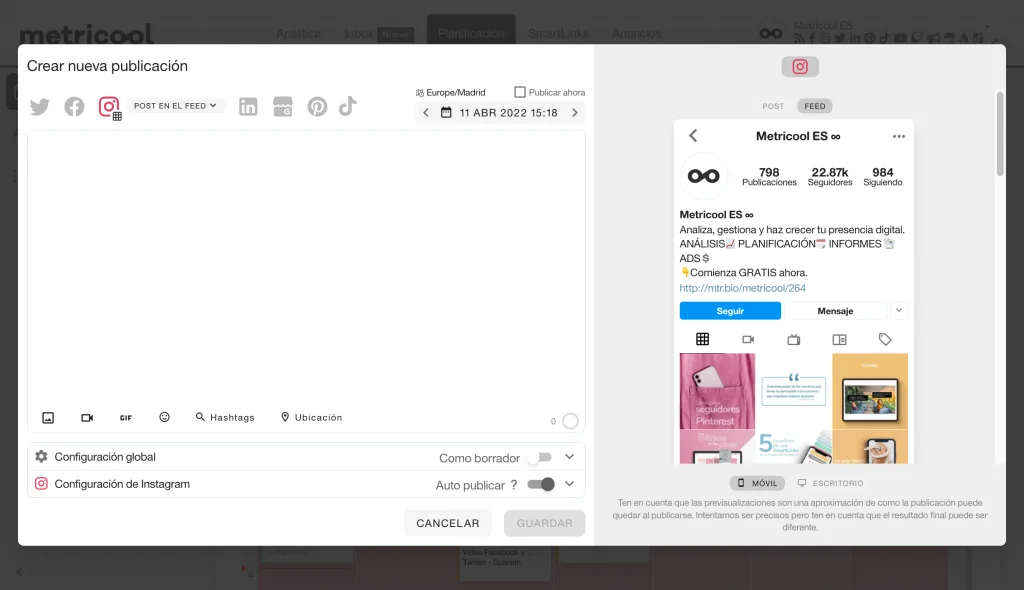 Qué es el feed preview de Instagram metricool 