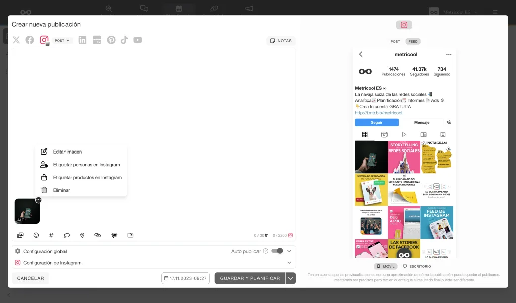 tener varias cuentas de instagram en metricool