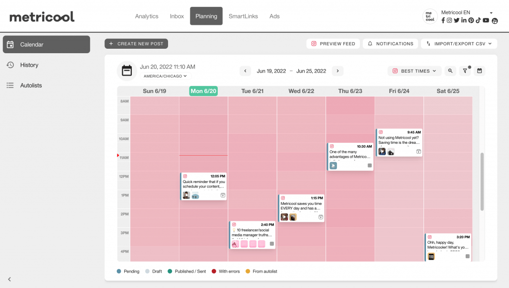 social media management metricool planner 