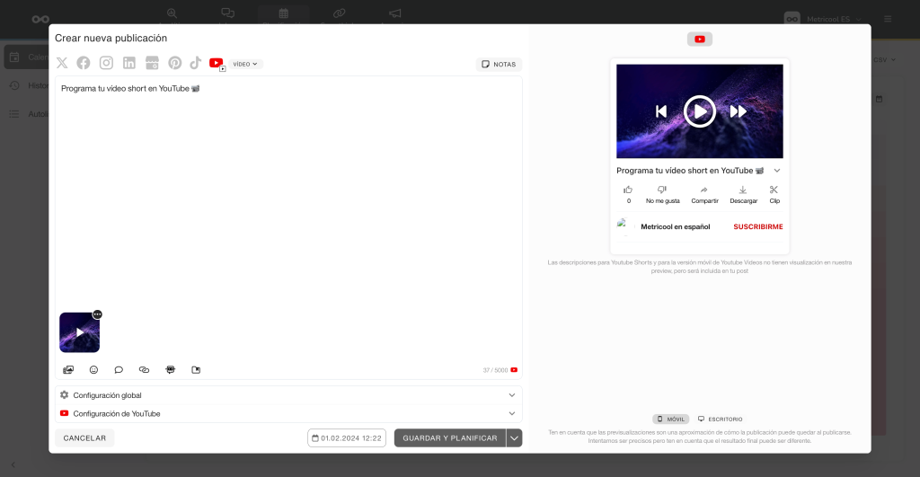 programar vídeo youtube con metricool