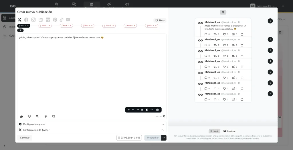 programar en twitter con Metricool