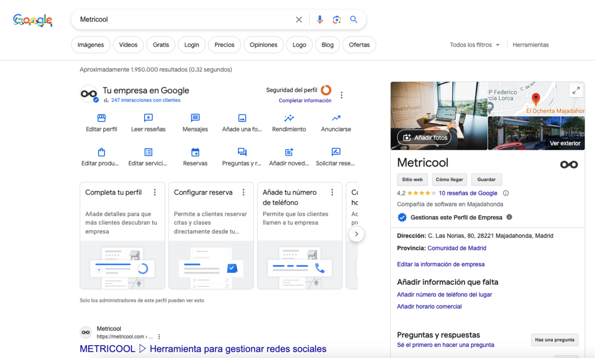 Perfil de Google Business Profile de Metricool