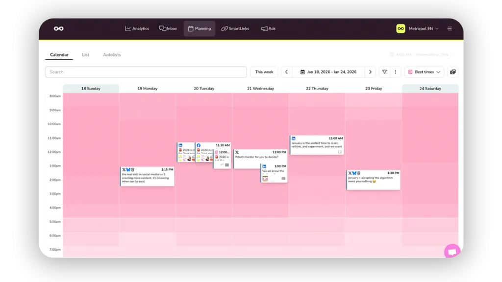 Planner Metricool pour post LinkedIn