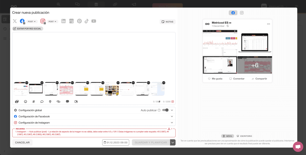 Programa hasta diez imágenes en Instagram y Facebook con Metricool
