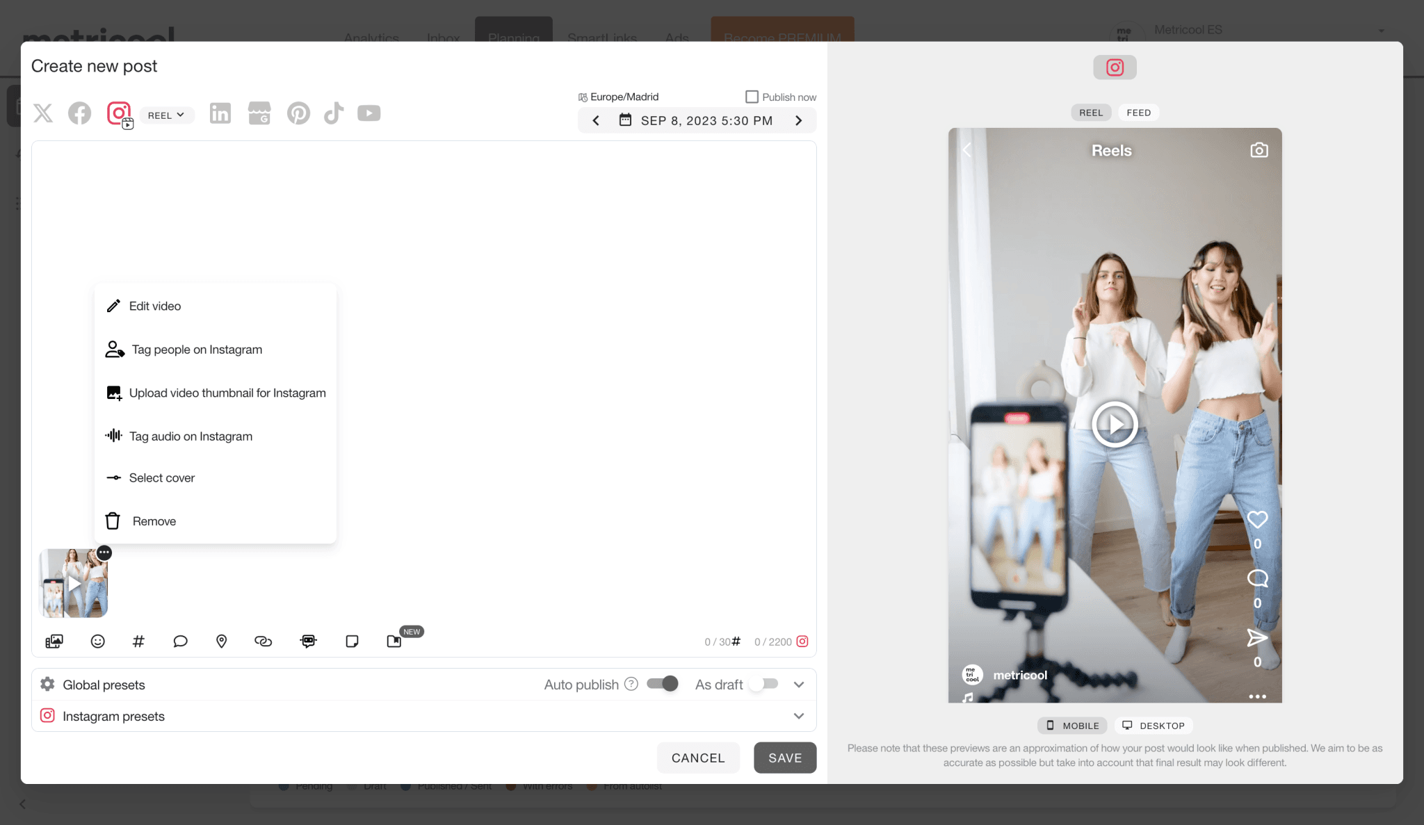 Programmare Reel su Instagram - Metricool