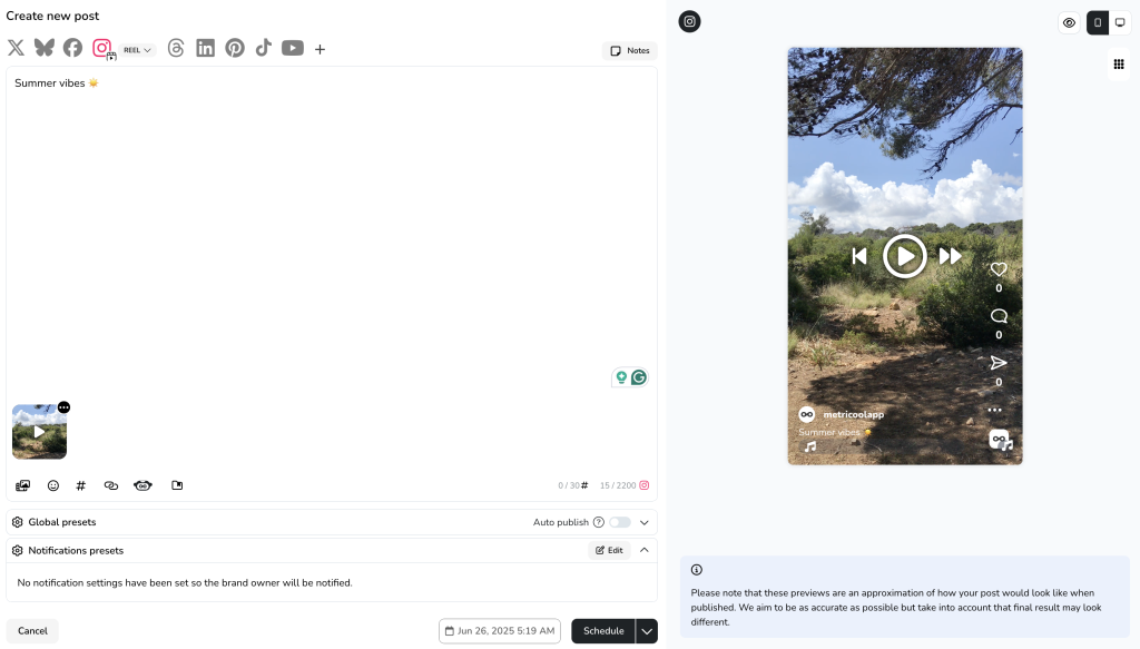 Scheduling reels with Audio through Metricool