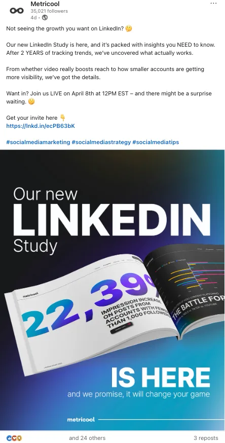 A Metricool LinkedIn post about a live study presentation.