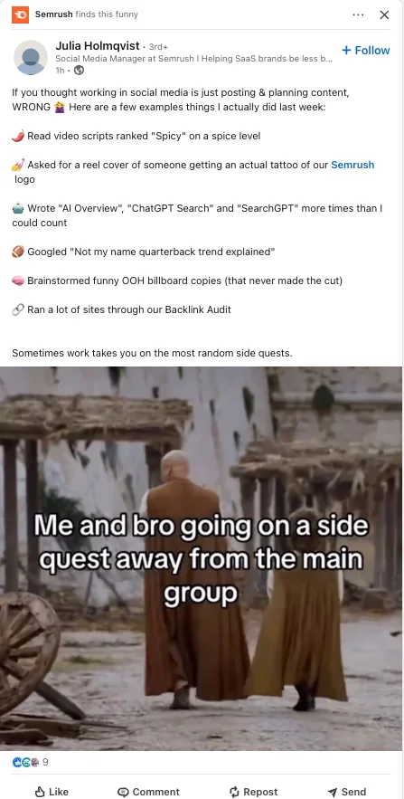 Semrush sharing UGC from a follower.