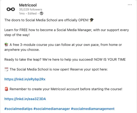 A LinkedIn post from Metricool promoting a course