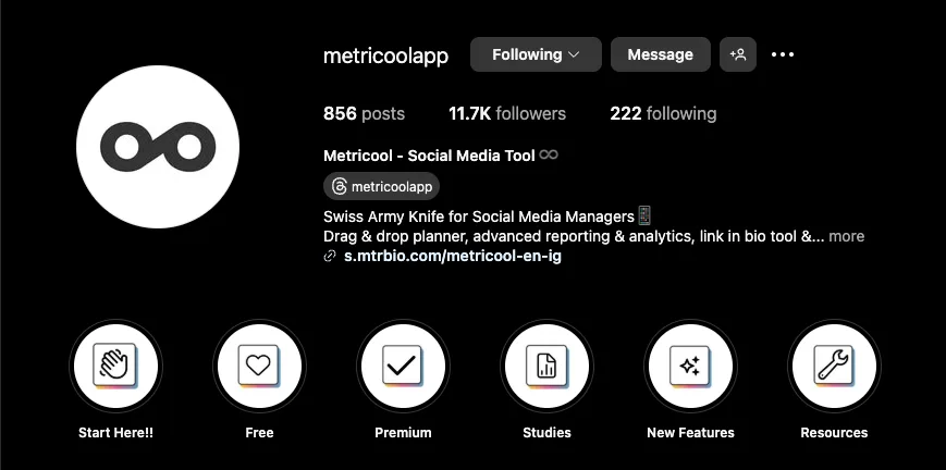 Metricool's Instagram story highlights
