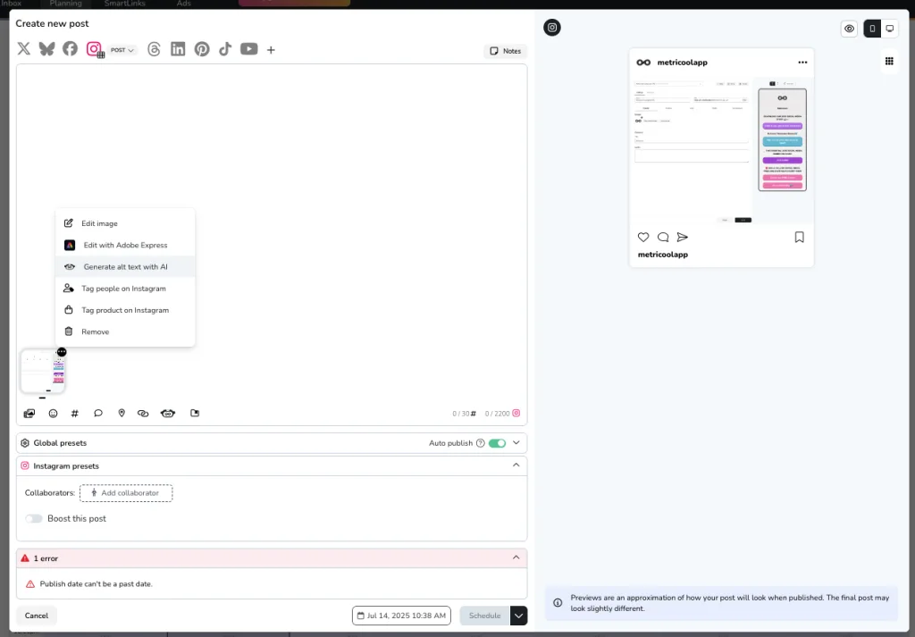Metricool Social media post creation interface with options to edit image and add alt text with AI highlighted. Instagram presets and a post preview on the right.
