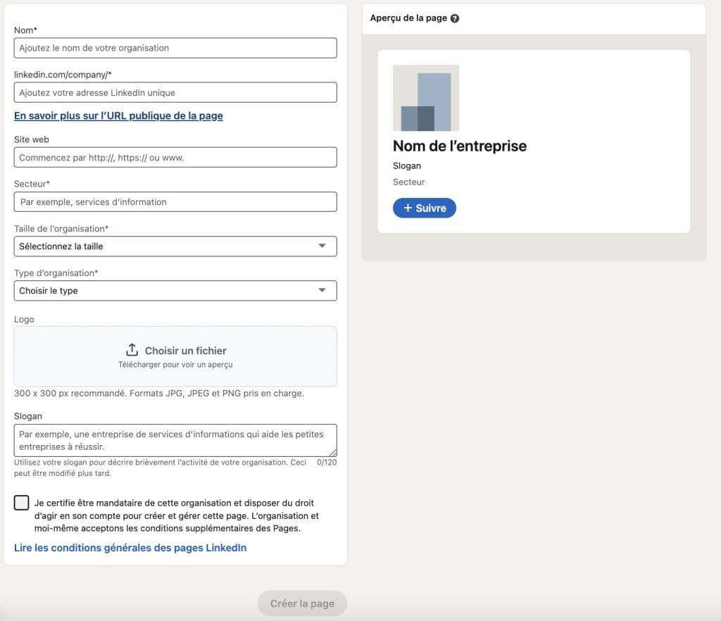 Sections création page Linkedin
