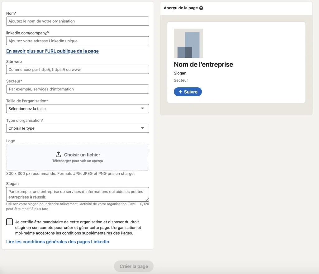 Sections création page Linkedin