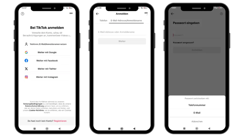 Über „Telefonnr./E-Mail/Anmeldename nutzen“ kann man einen TikTok-Account mittels E-Mail oder Telefonnummer wiederherstellen.