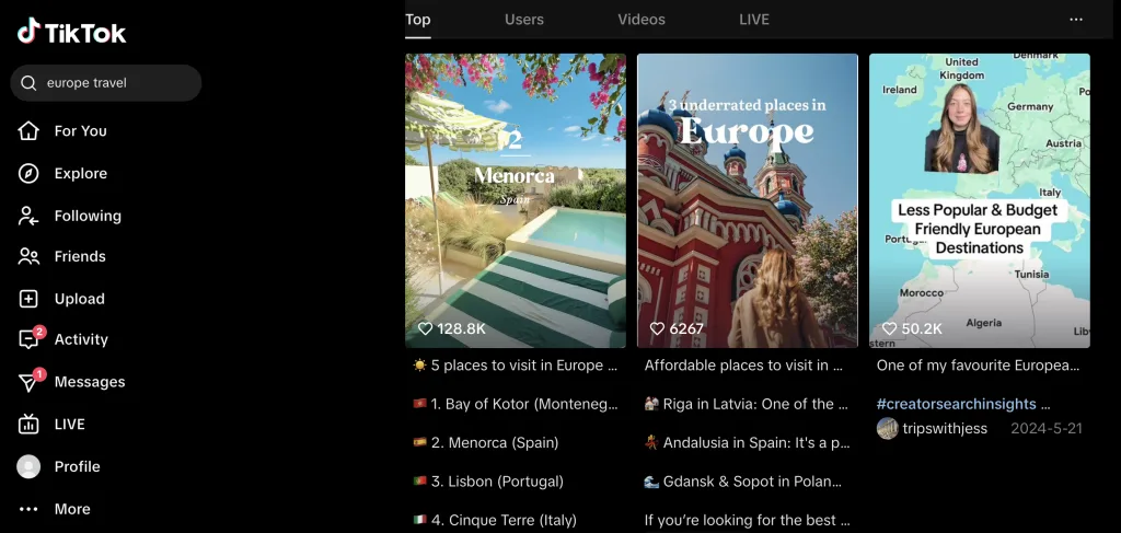 TikTok search results