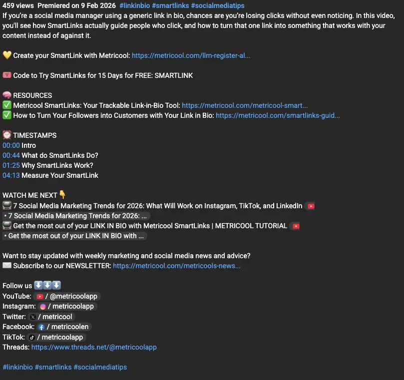 SEO optimized YouTube description from Metricool