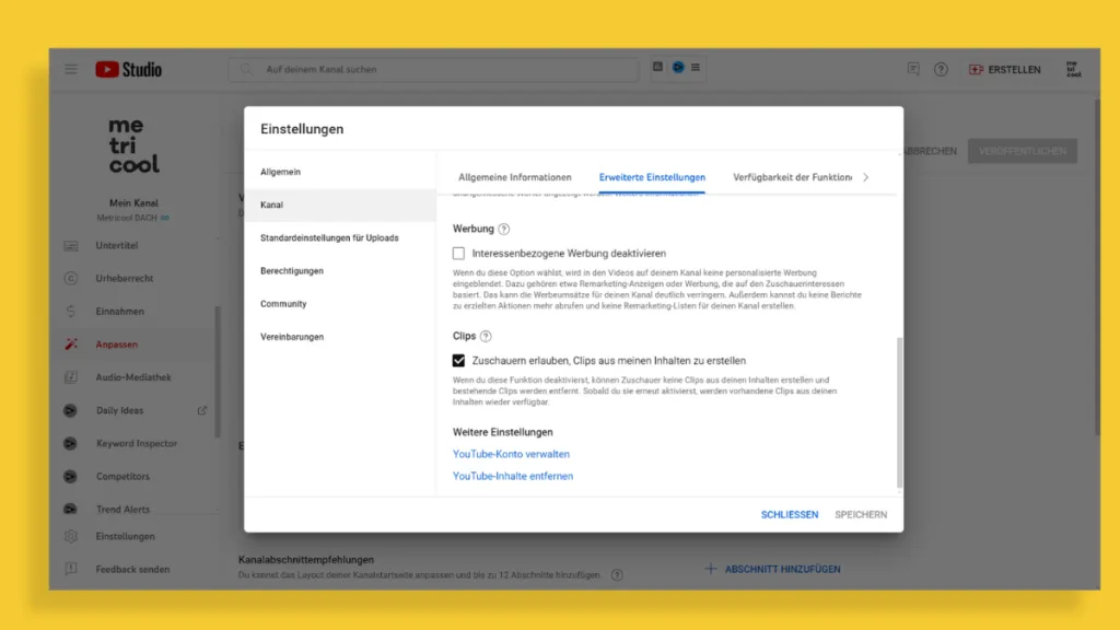 Die Option zum Löschen eines YouTube-Kanals kann man in den Einstellungen im YouTube-Studio finden.