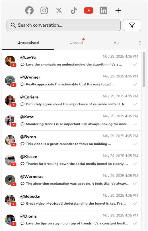 Manage YouTube comments from Metricool's centralized inbox for all of your networks