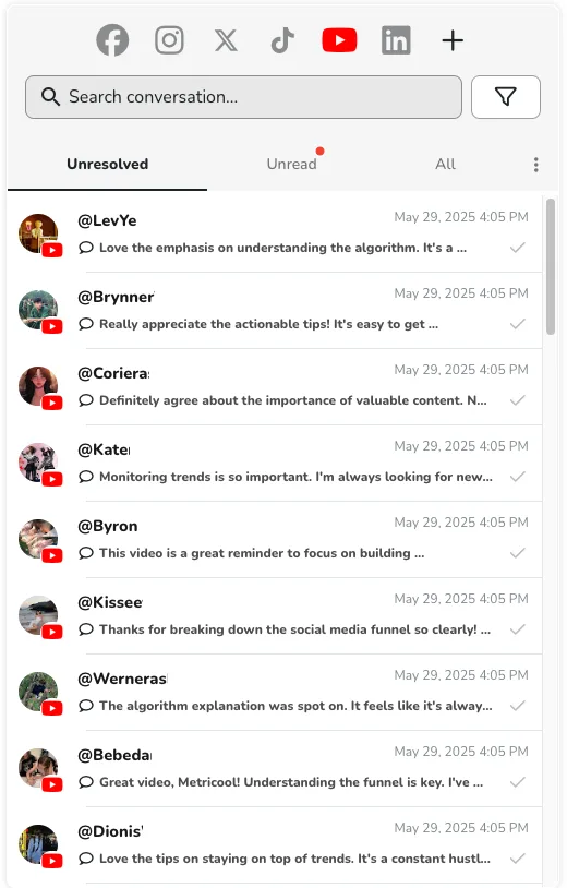 Manage YouTube comments from Metricool's centralized inbox for all of your networks