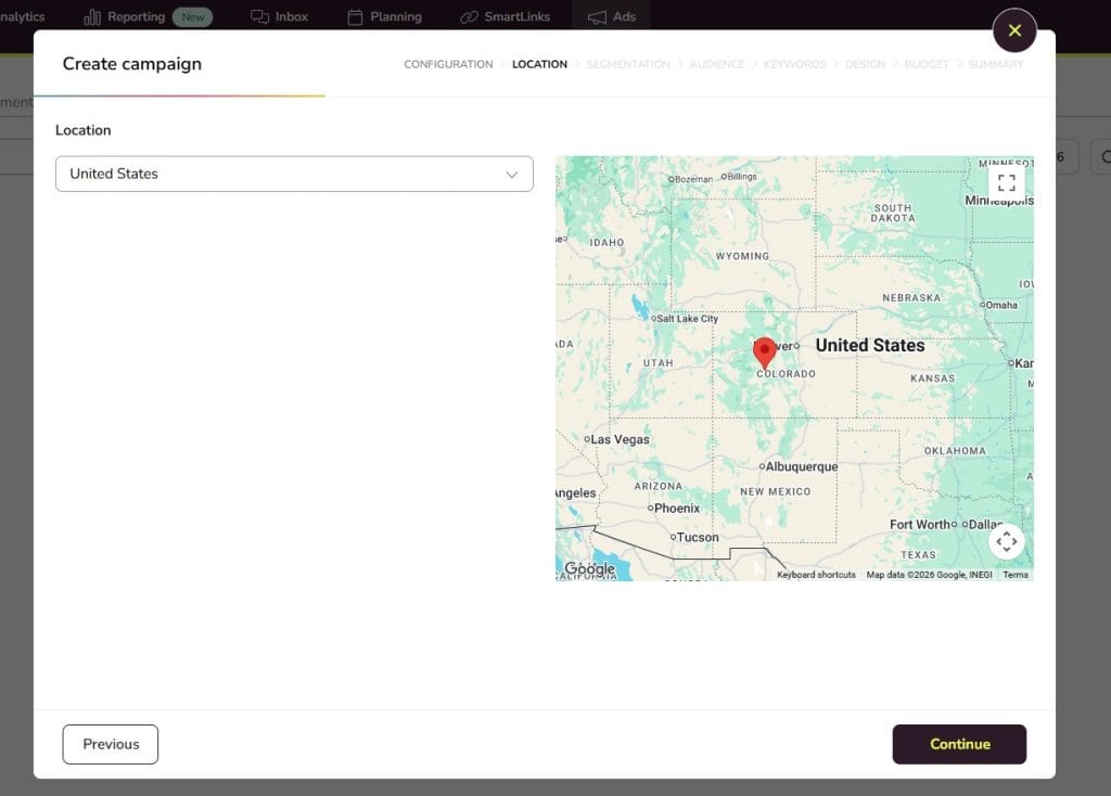 set up ad campaign in metricool - location and segmentation