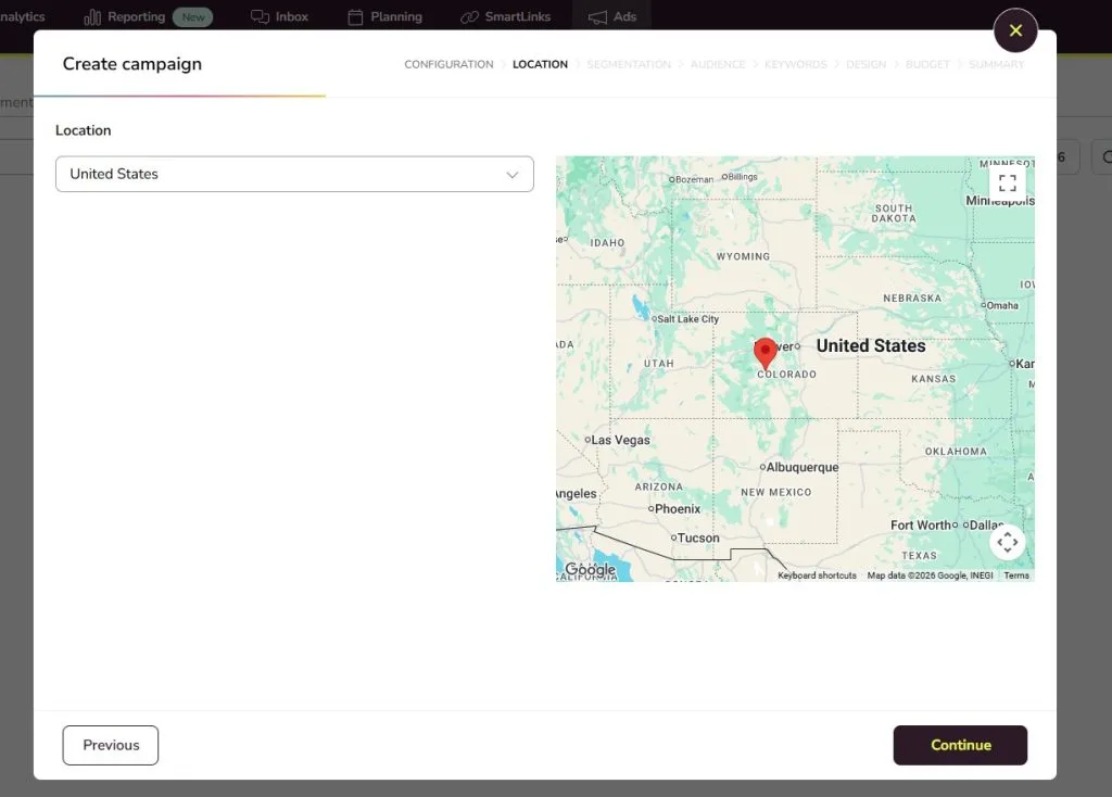 set up ad campaign in metricool - location and segmentation