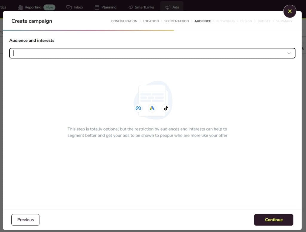 ad campaign set up in metricool - audience