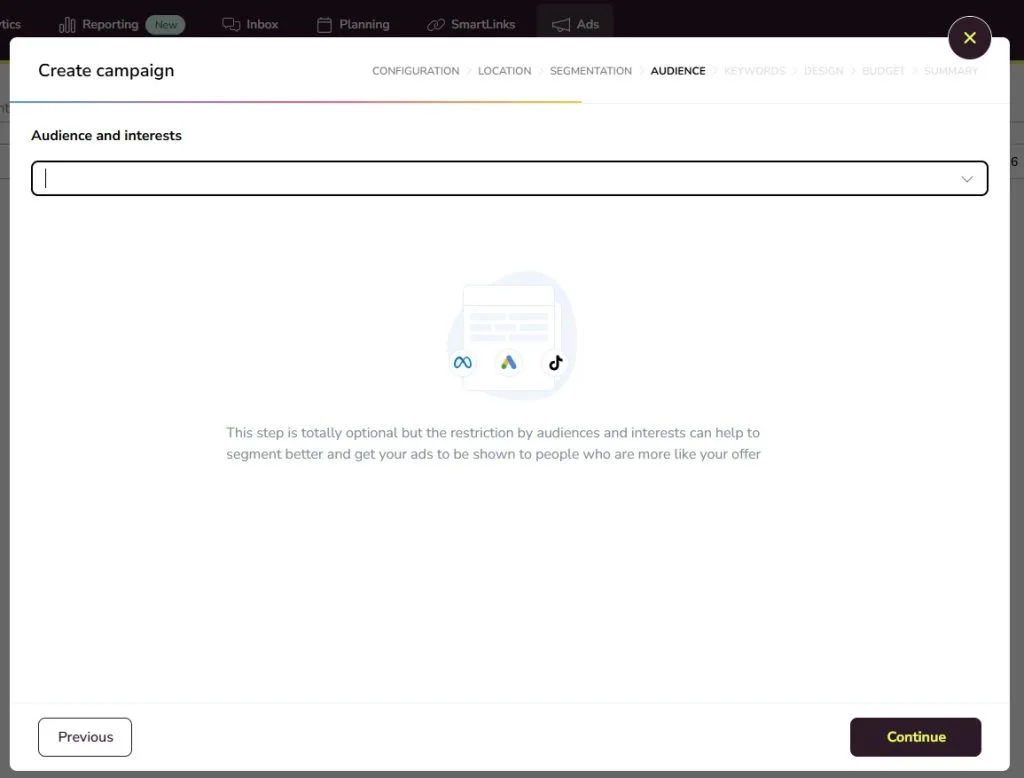 ad campaign set up in metricool - audience