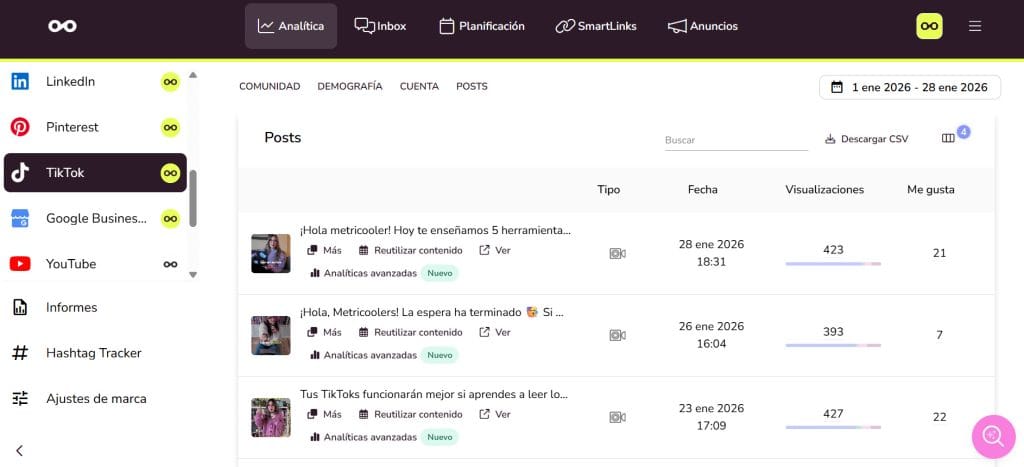 Novedades de Metricool: analítica avanzada en TikTok