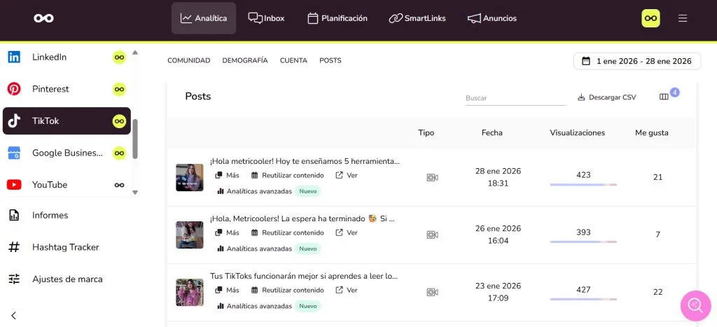 Novedades de Metricool: analítica avanzada en TikTok