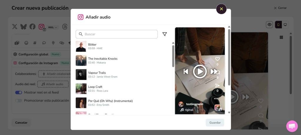 Función para añadir audios en tendencia para reels y reels de prueba con Metricool
