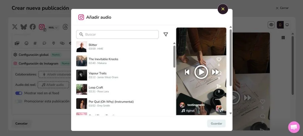 Función para añadir audios en tendencia para reels y reels de prueba con Metricool