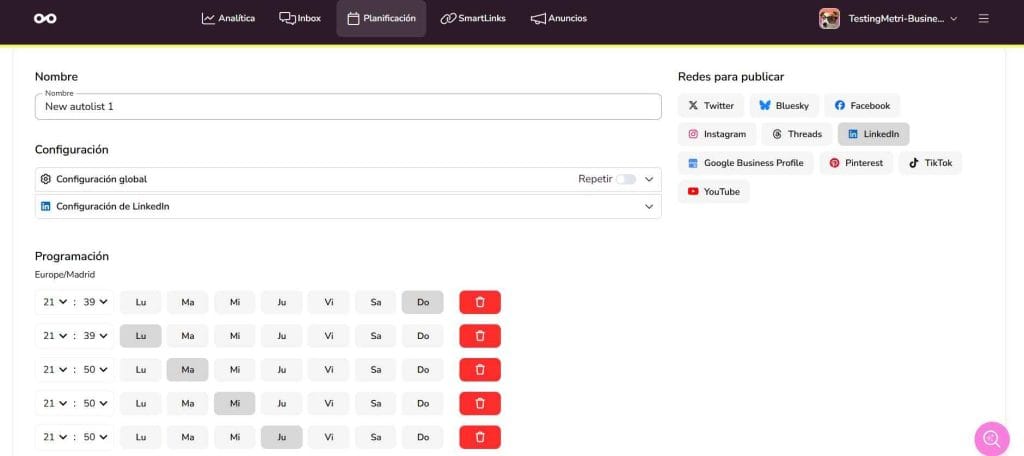 autolistas de Metricool