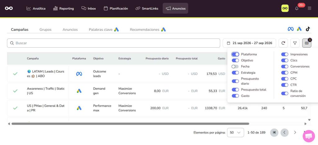 gestión de la publicidad de redes sociales con Metricool