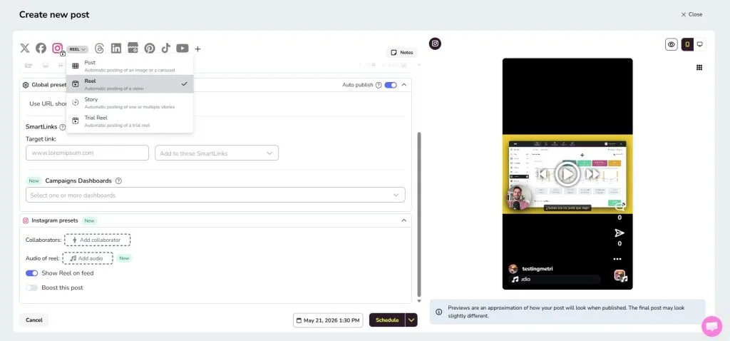 schedule instagram video in metricool